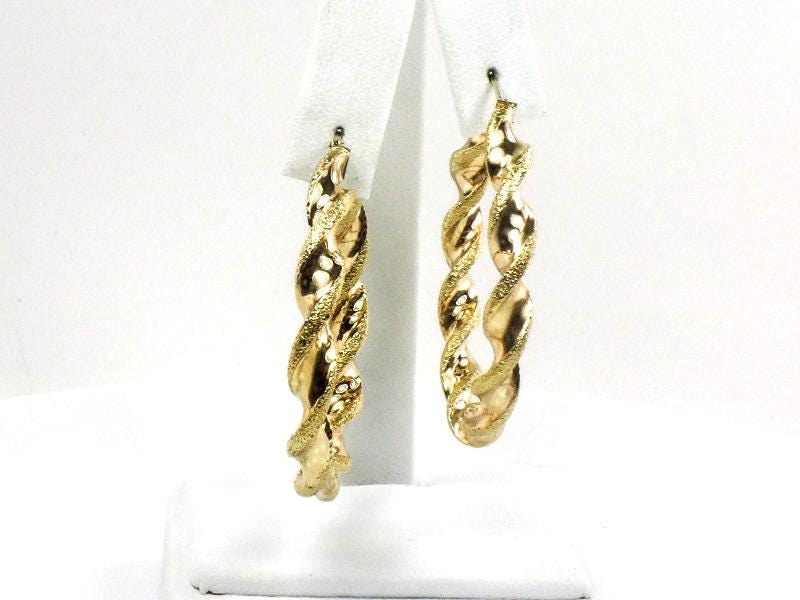 Large 14k Hoop Earrings with Fancy Twist Design - Vintage 14k Yellow Gold 1.75" Round Shape - Fine Jewelry