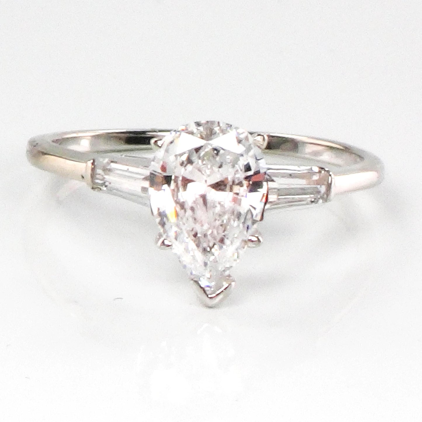 14k Pear Cut Cubic Zirconia Engagement Ring with Sapphire Baguettes - White Gold Vintage Fine Jewelry - Size 6.25