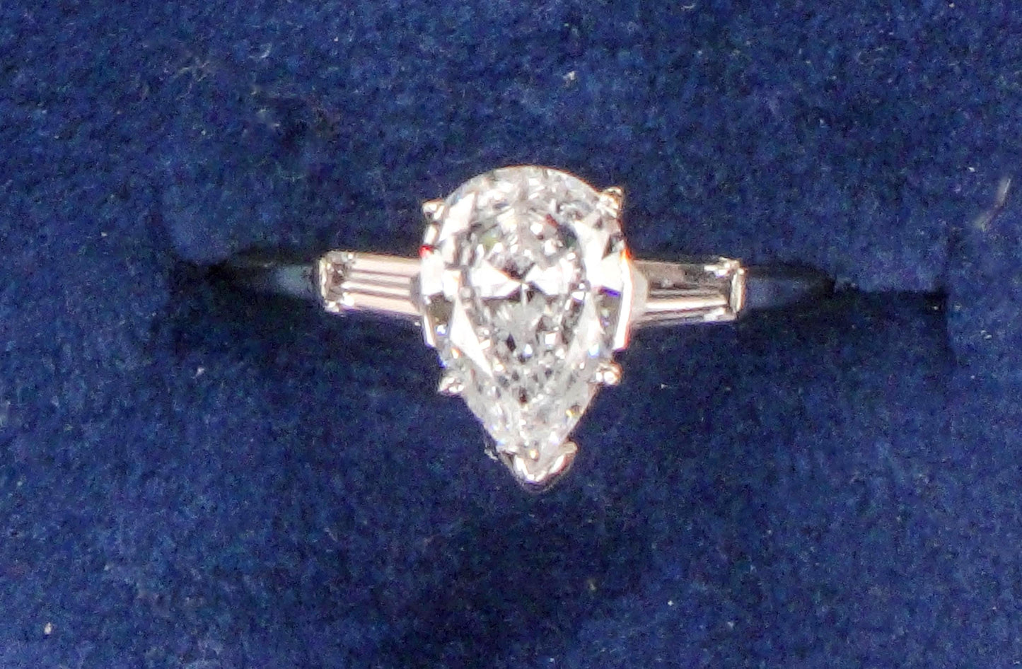 14k Pear Cut Cubic Zirconia Engagement Ring with Sapphire Baguettes - White Gold Vintage Fine Jewelry - Size 6.25