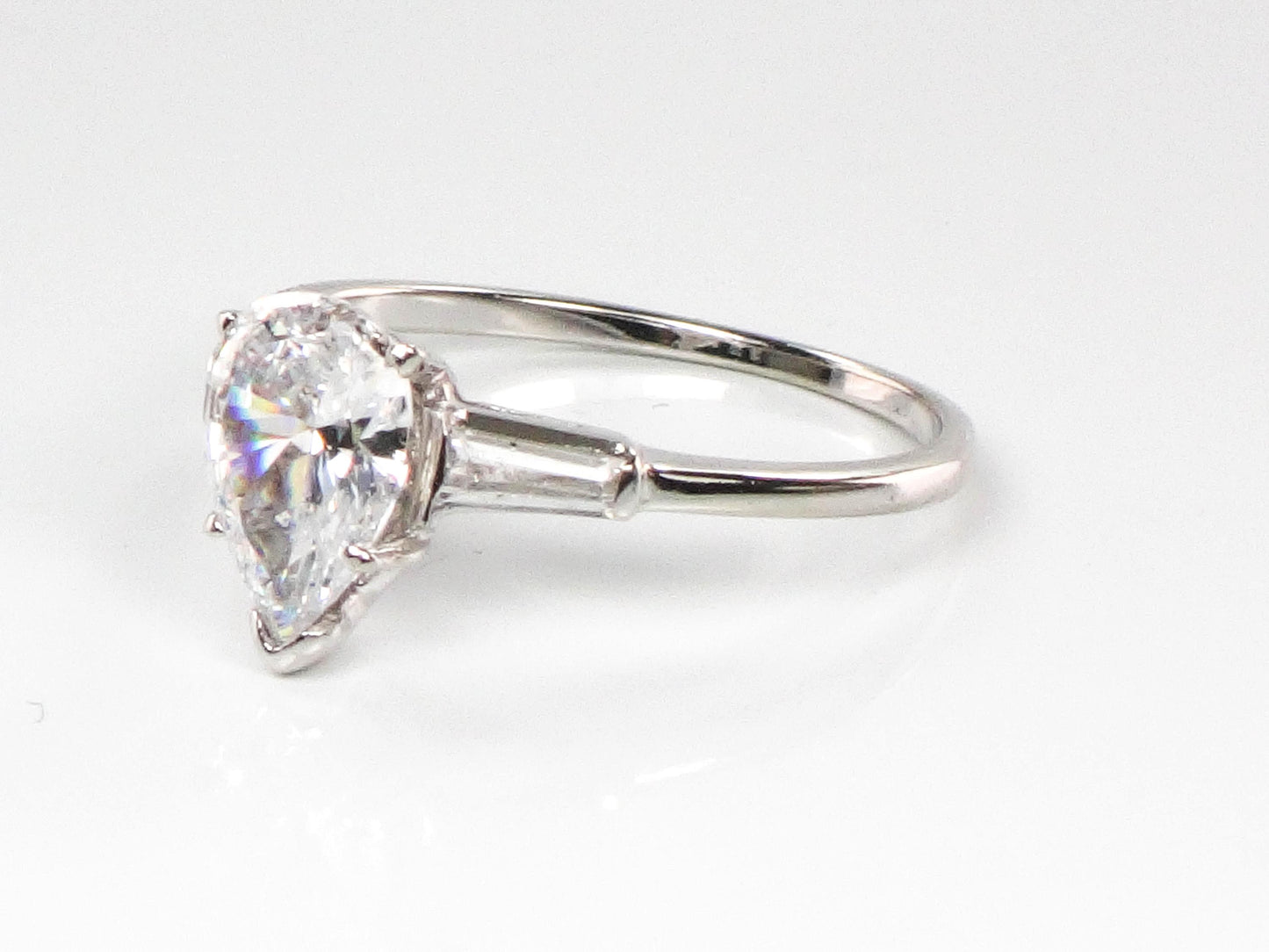 14k Pear Cut Cubic Zirconia Engagement Ring with Sapphire Baguettes - White Gold Vintage Fine Jewelry - Size 6.25