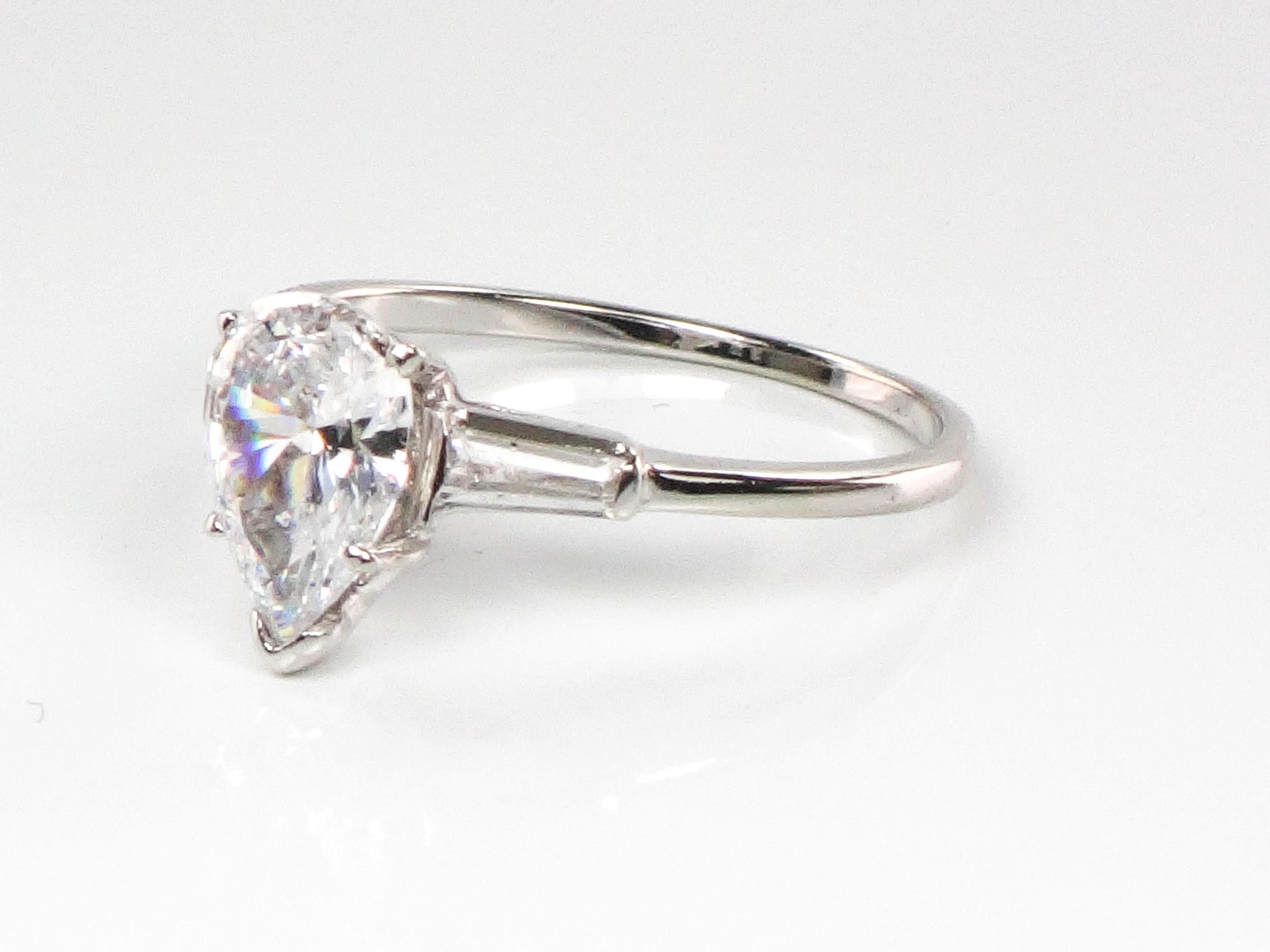 14k Pear Cut Cubic Zirconia Engagement Ring with Sapphire Baguettes - White Gold Vintage Fine Jewelry - Size 6.25