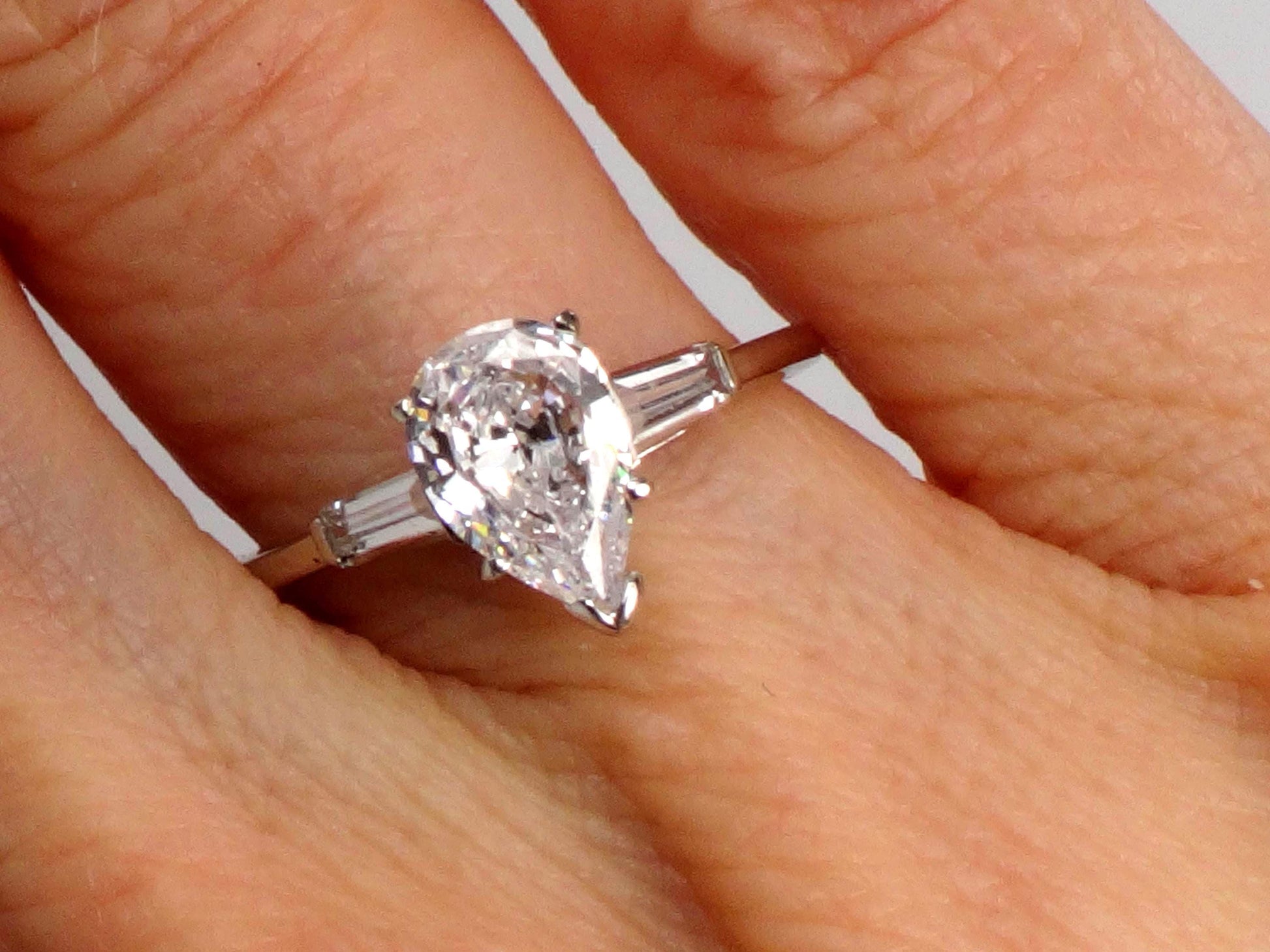 14k Pear Cut Cubic Zirconia Engagement Ring with Sapphire Baguettes - White Gold Vintage Fine Jewelry - Size 6.25