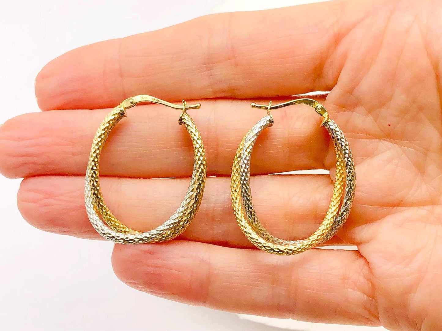 14k Gold Double Hoop Earrings - Two Tone White and Yellow Oval Shaped - Vintage Fine Jewelry