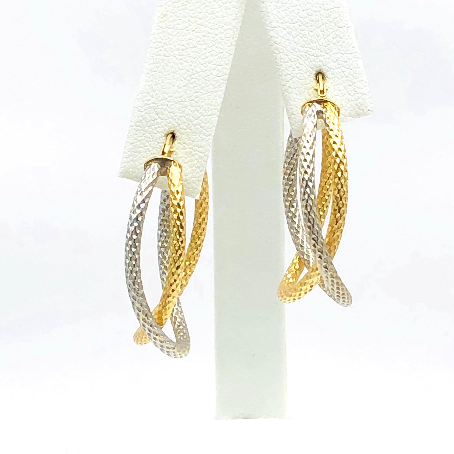 14k Gold Double Hoop Earrings - Two Tone White and Yellow Oval Shaped - Vintage Fine Jewelry