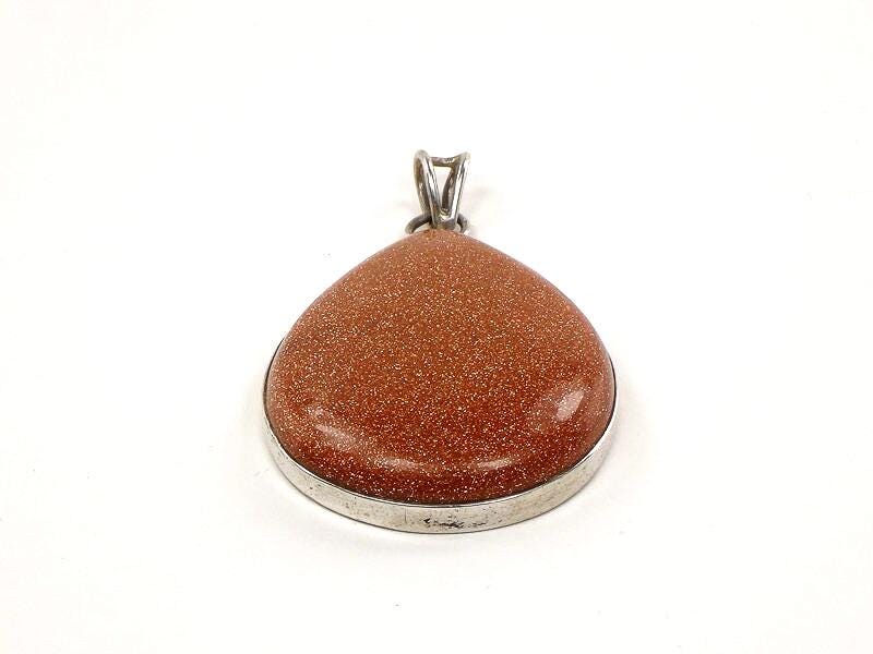 Large Sterling Silver Teardrop Shaped Goldstone Pendant - Vintage Fine Jewelry
