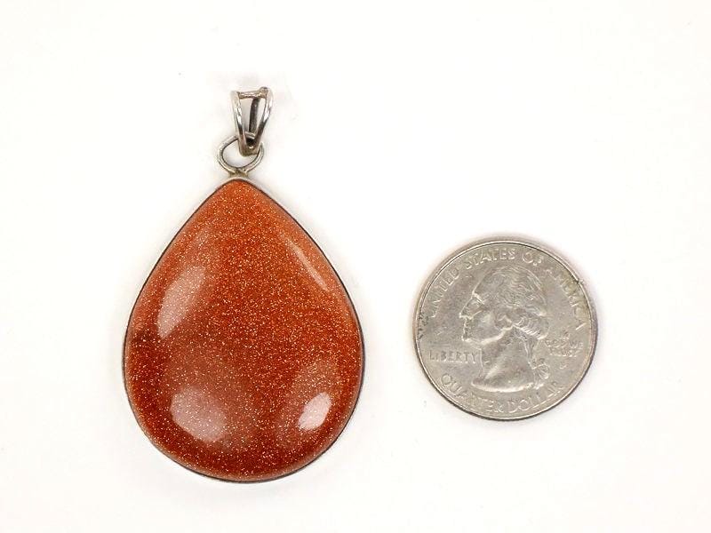 Large Sterling Silver Teardrop Shaped Goldstone Pendant - Vintage Fine Jewelry