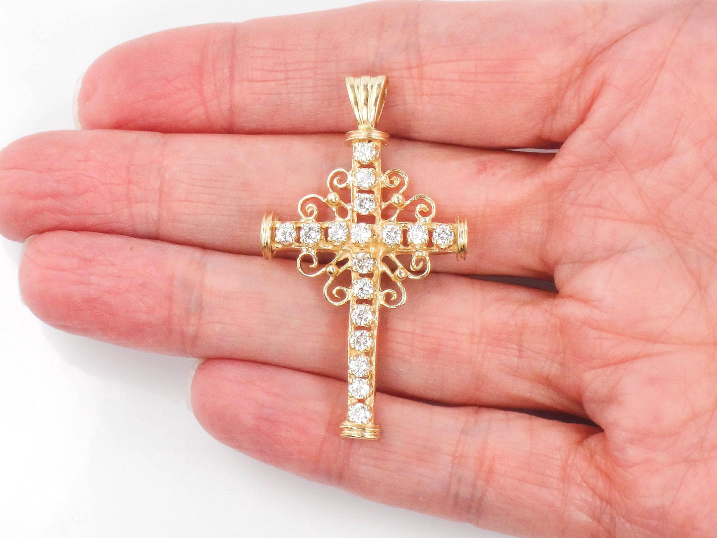Large 14k Diamond Cross Pendant - Vintage Yellow Gold Approximately 1 Carat TDW Natural Stones - Fine Jewelry