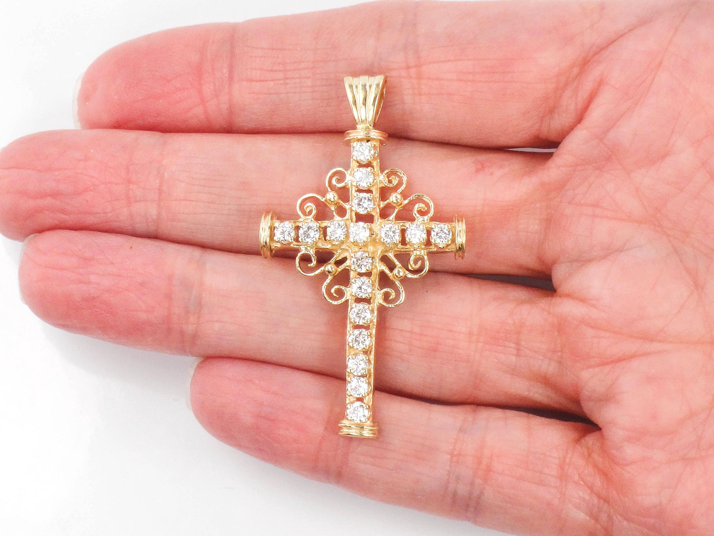 Vintage 14k Yellow Gold Diamond Cross Pendant - Approximately 1 Carat TDW