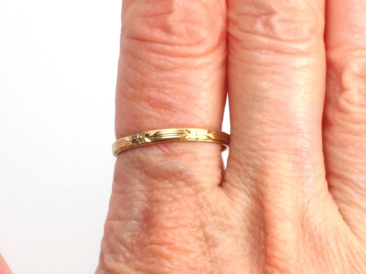 Thin 14k Floral Wedding Band - Art Deco Yellow Gold Orange Blossom Engraved Ring - Vintage Stacking Style - Size 7.5 - Circa 1940