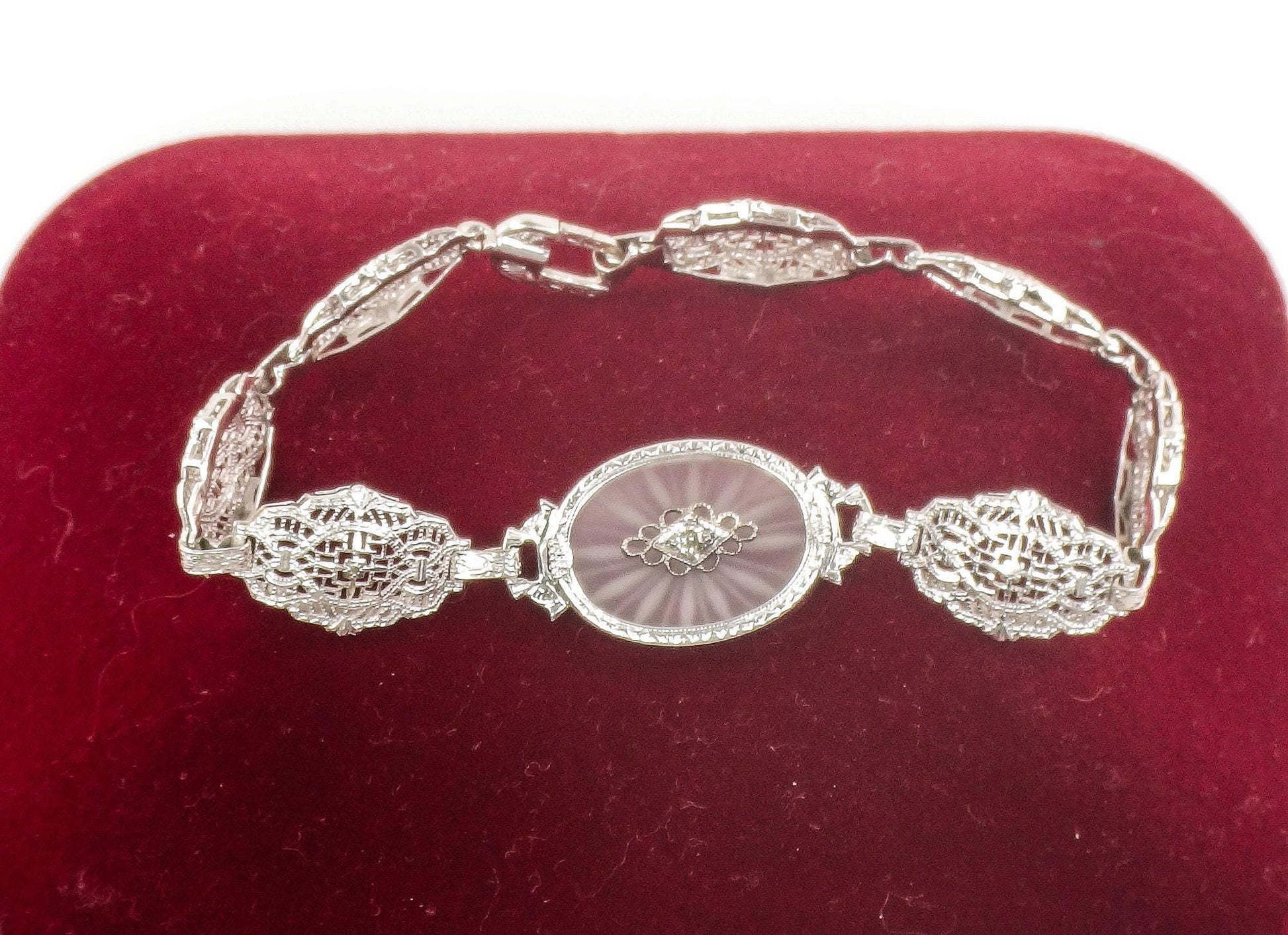 Art Deco 14k White Gold Rock Crystal Quartz and Diamond Bracelet, Bridal Bracelet Small 6.5"