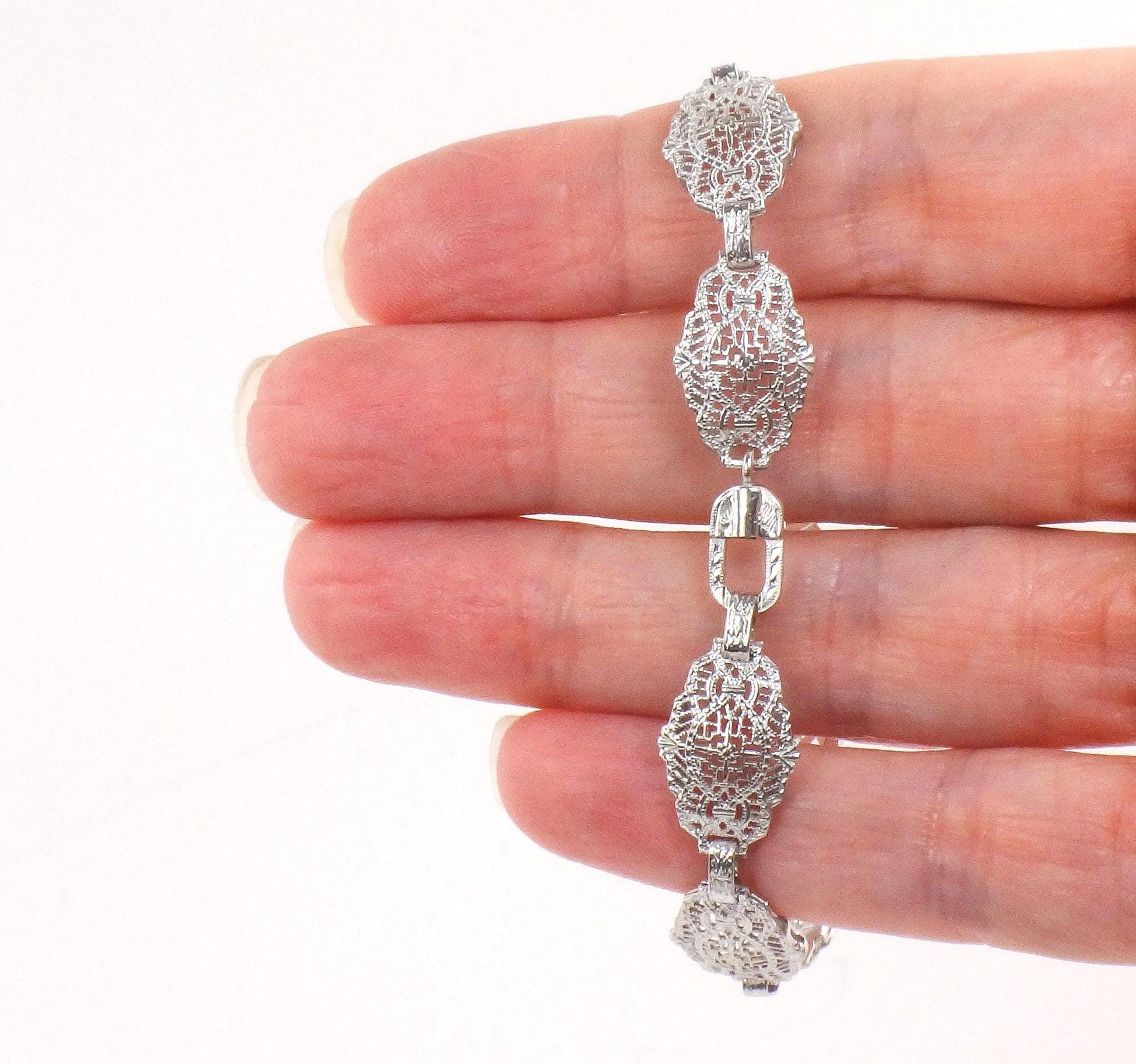 Art Deco Rock Crystal Quartz Diamond Bracelet: 14k White Gold Filigree, 6.5" Bridal Jewelry