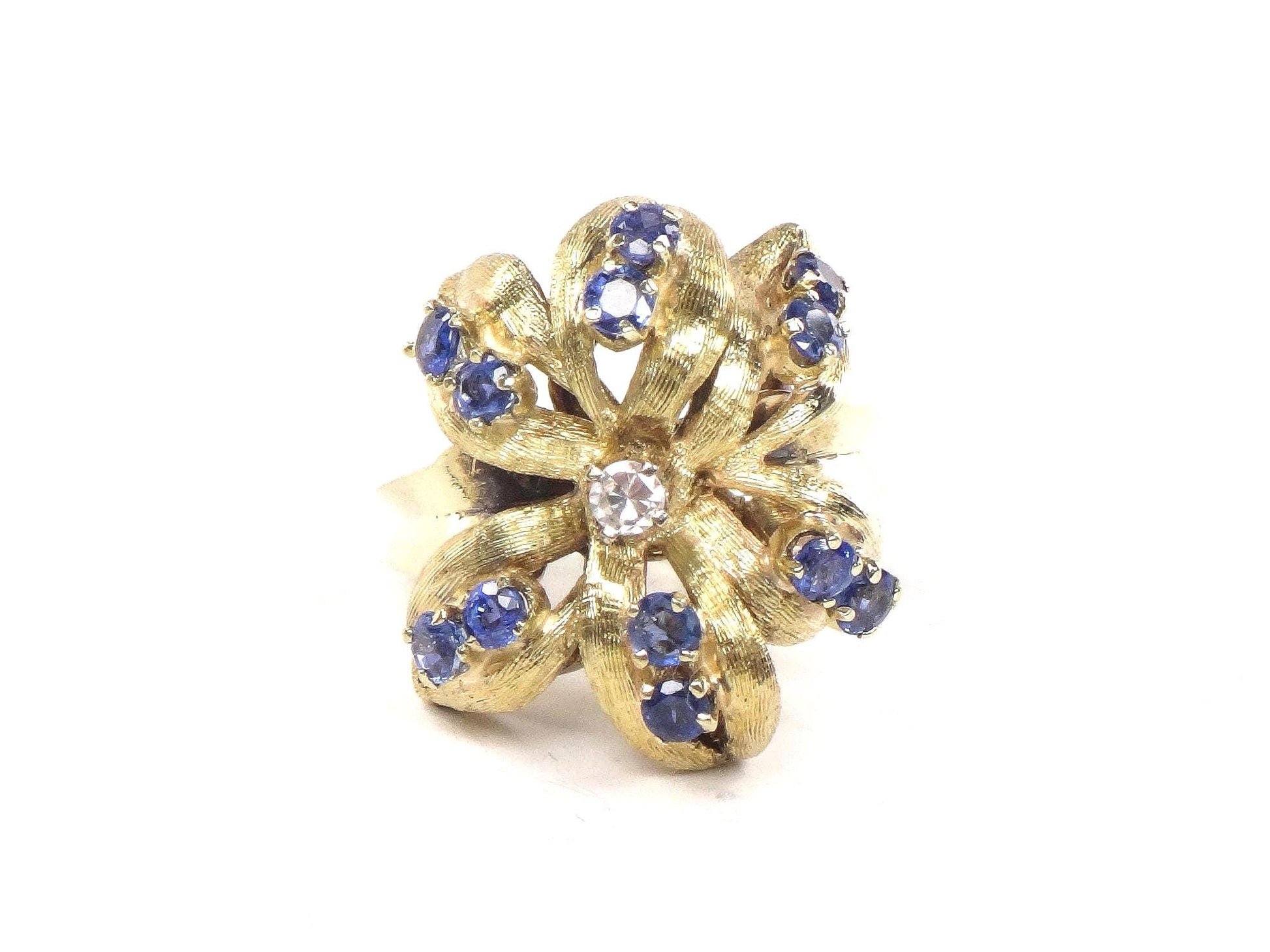 Vintage 14k Gold Natural Blue Sapphire and Diamond Ring, Large Yellow Gold Flower Ring, Size 5.75