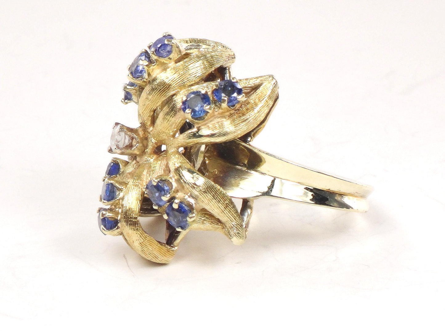 Vintage 14k Gold Natural Blue Sapphire and Diamond Ring, Large Yellow Gold Flower Ring, Size 5.75