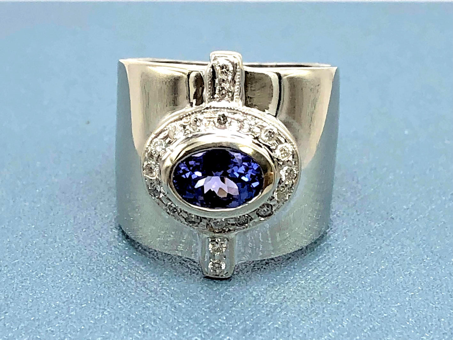 Vintage 14k White Gold Tanzanite and Diamond Cigar Band Ring, Wide Everyday Purple Stone Ring, Size 6