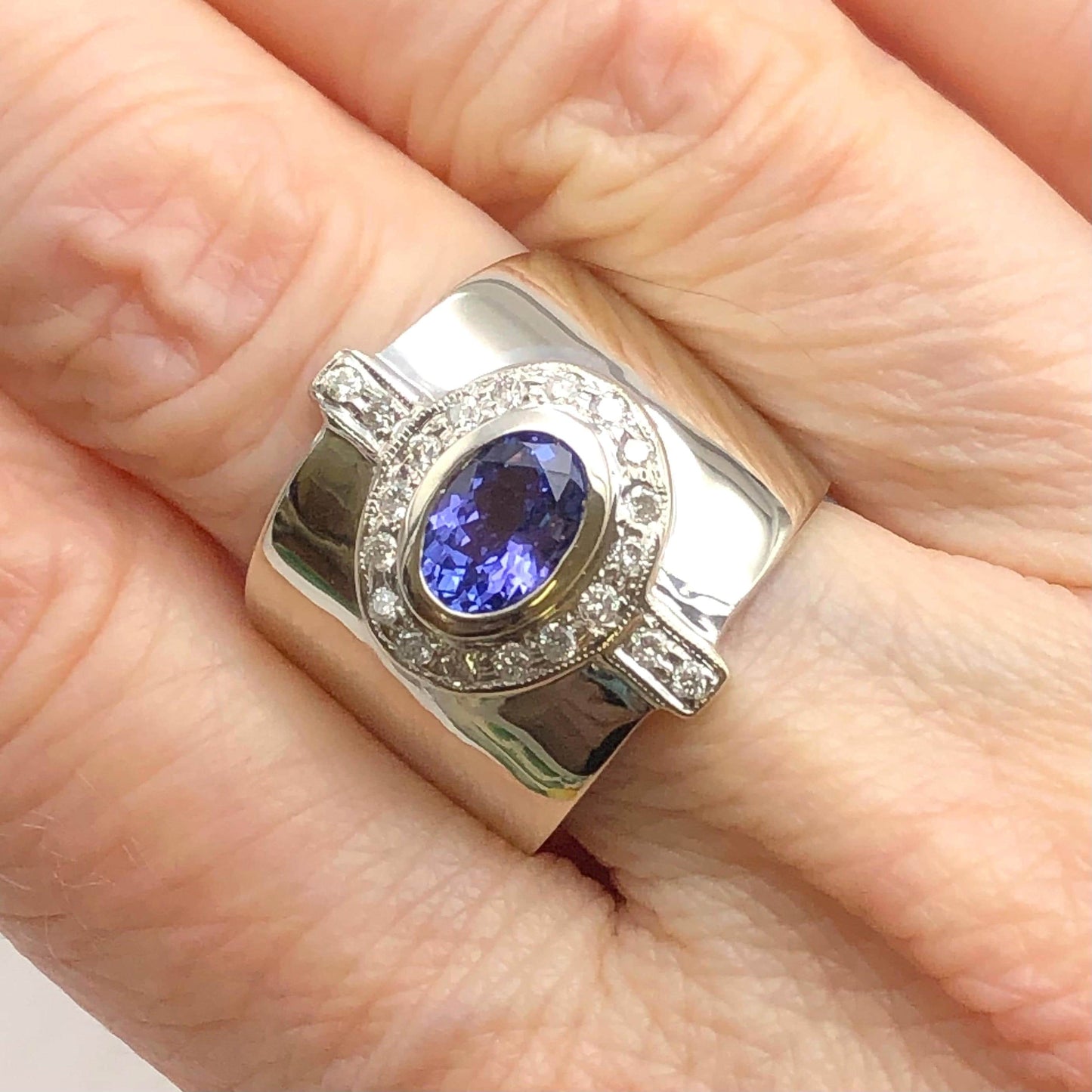 Vintage 14k White Gold Tanzanite and Diamond Cigar Band Ring, Wide Everyday Purple Stone Ring, Size 6