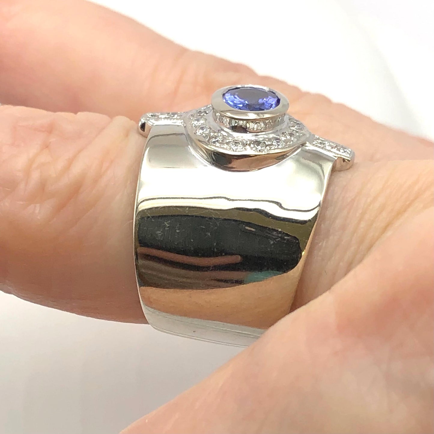 Vintage 14k White Gold Tanzanite and Diamond Cigar Band Ring, Wide Everyday Purple Stone Ring, Size 6