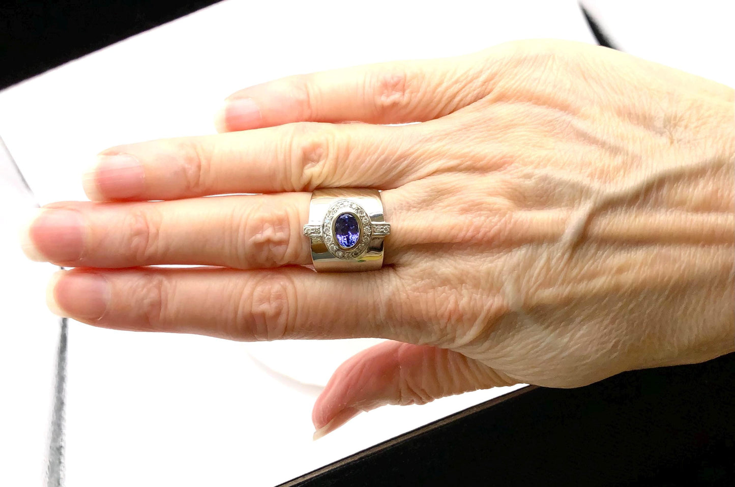 Vintage 14k White Gold Tanzanite and Diamond Cigar Band Ring, Wide Everyday Purple Stone Ring, Size 6