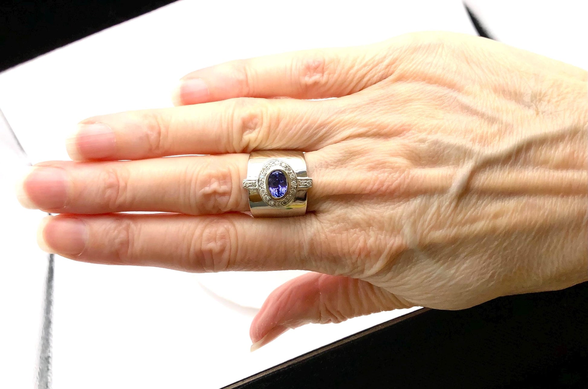 Vintage 14k White Gold Tanzanite and Diamond Cigar Band Ring, Wide Everyday Purple Stone Ring, Size 6