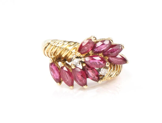 Vintage 14k Gold Ruby Ring with Diamonds: Marquise Floral Design, Size 6.5