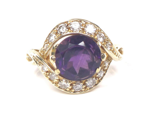 Vintage 14k Gold Natural Amethyst Ring with Diamonds, Purple February Birthstone Ring Size 5