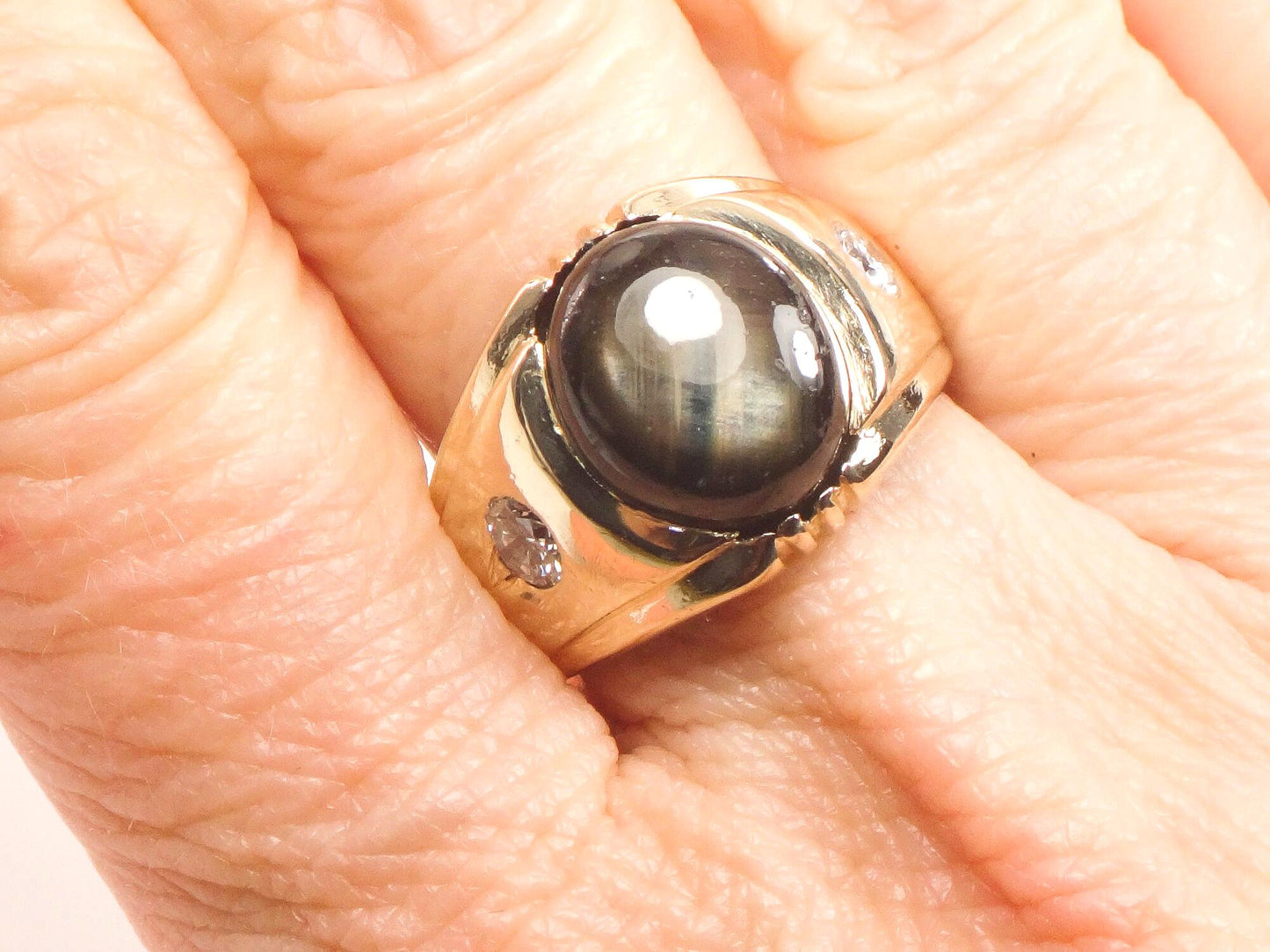 Vintage 14k Gold Natural Black Star Sapphire and Diamond Ring, Yellow Gold Unisex Ring Size 6.5