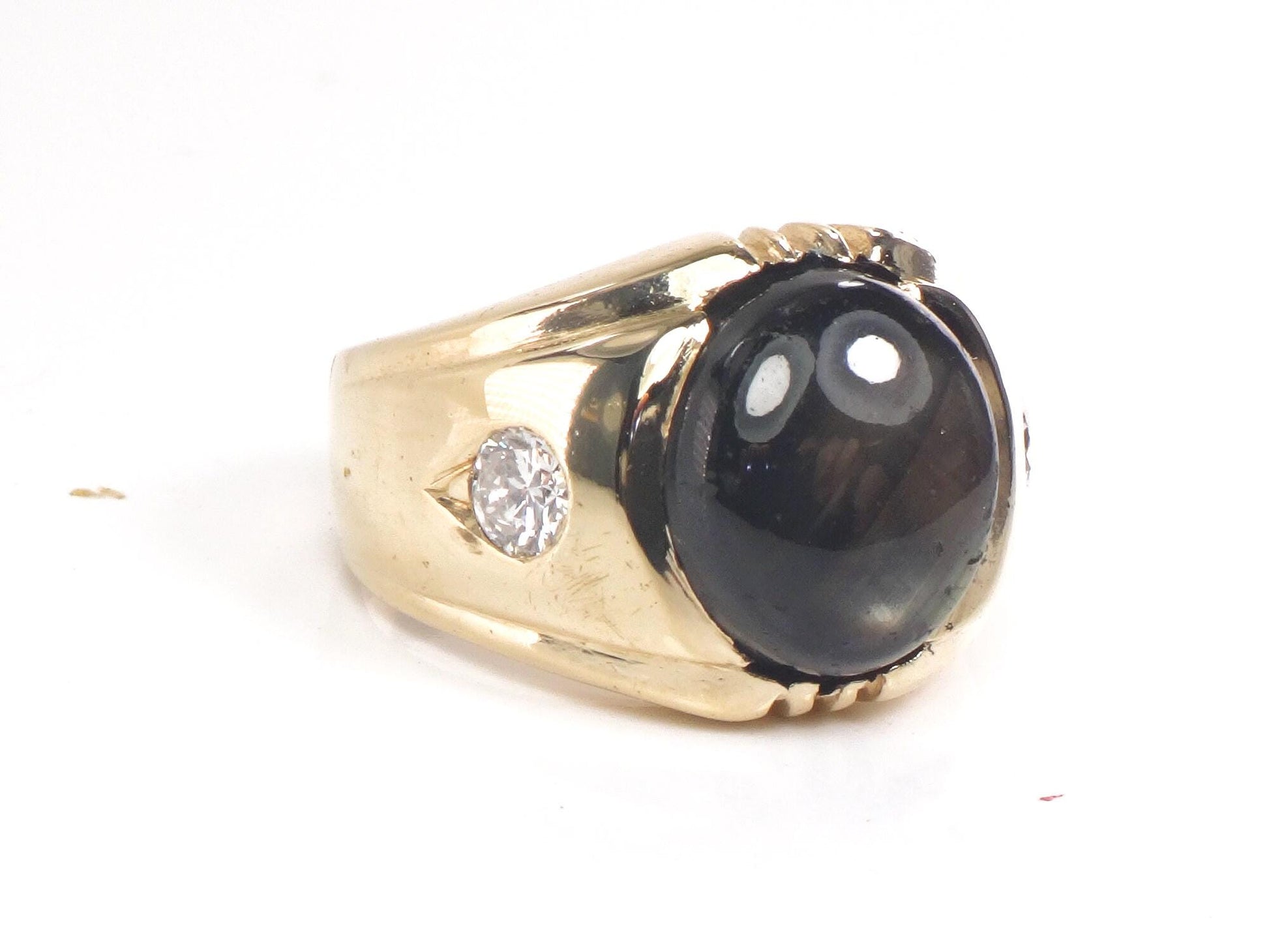 Vintage 14k Gold Natural Black Star Sapphire Ring with Diamond Accents, Size 6.5