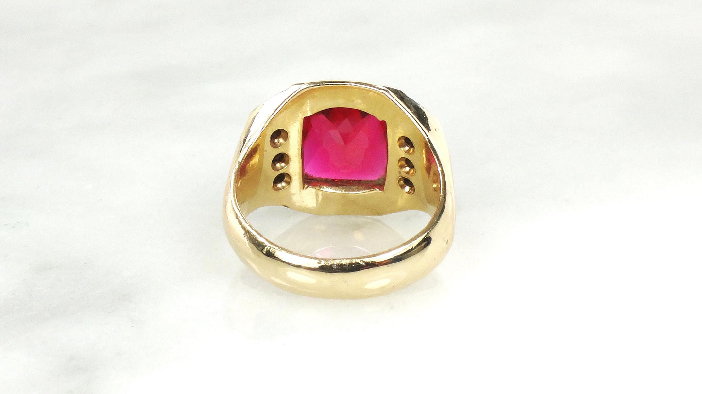 Vintage 14k Yellow Gold Ruby and Diamond Ring Solid Gold Men's July Birthstone Ring Size 9.75