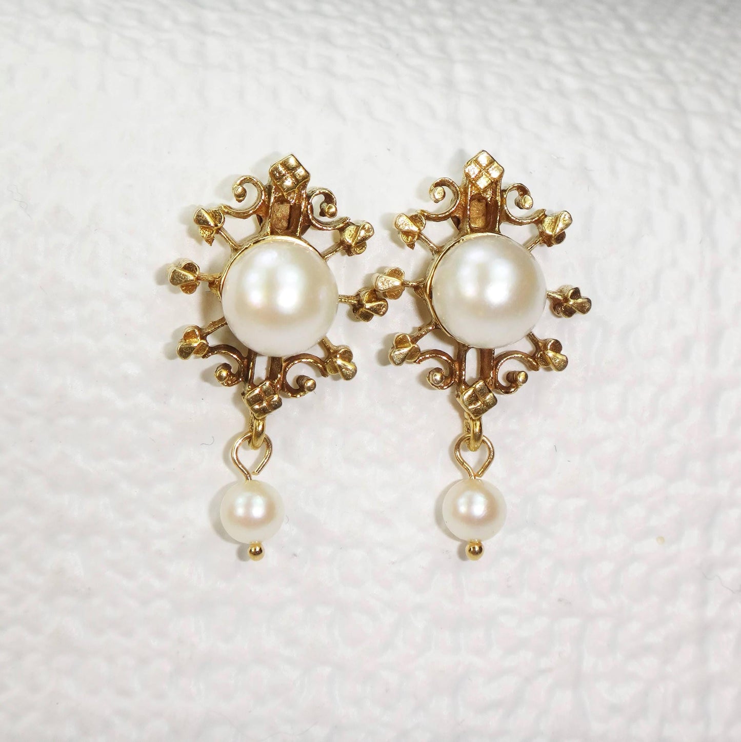 Cultured Pearl Dangle Earrings - 14k Yellow Gold Fine Bridal Jewelry - Vintage Circa 1940's