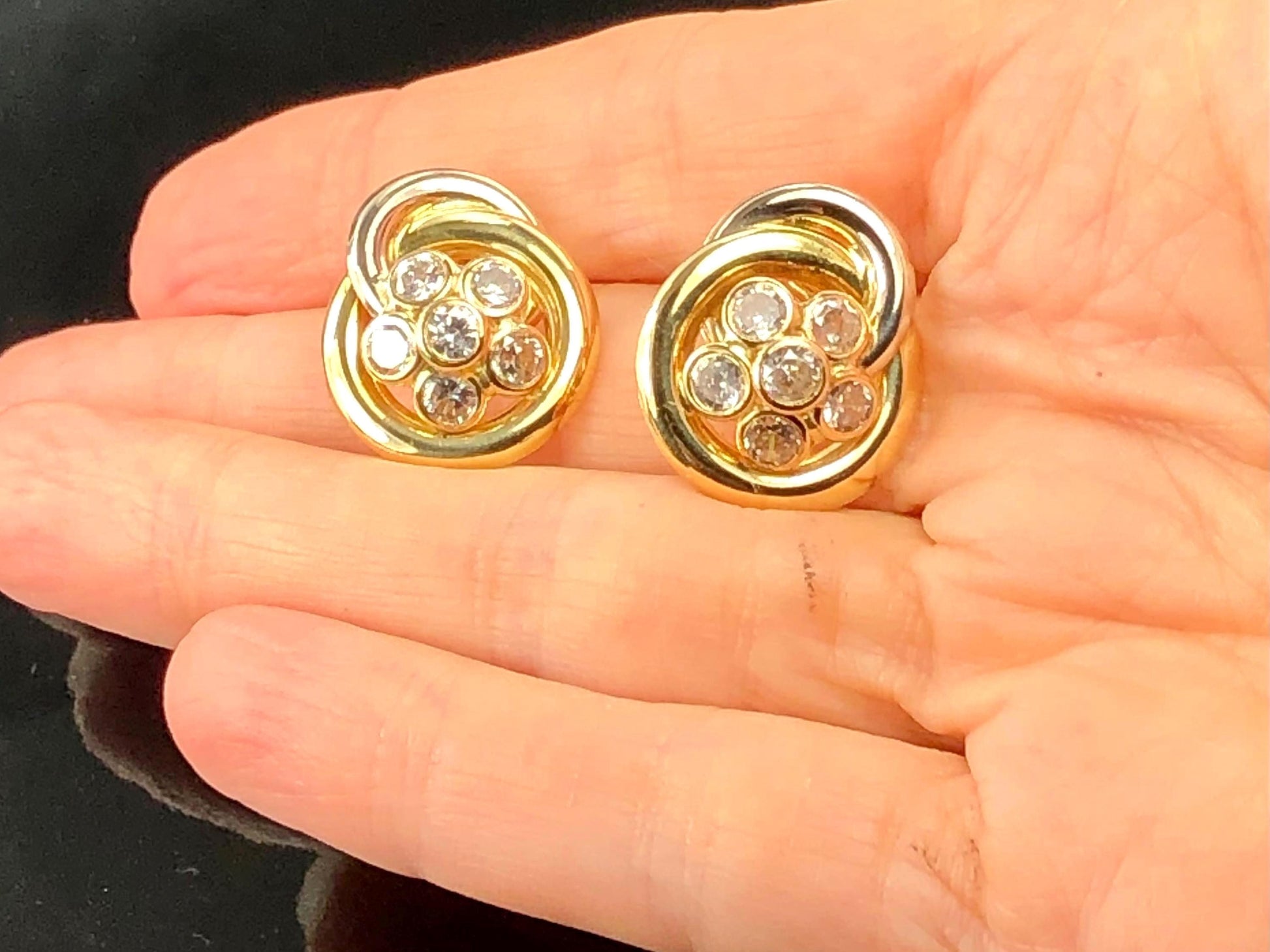 Vintage 18k Two Tone Gold Cubic Zirconia Stud Earrings, Large Floral CZ Studs