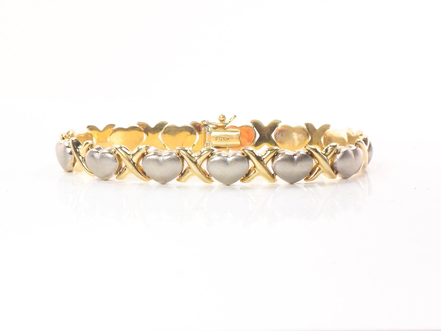 14k Two-Tone Gold X and Hearts Bracelet - Hugs and Kisses Italian Gold Bracelet - 7.25" - Circa 1990's