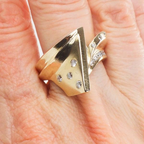 Vintage 14k Yellow Gold Diamond Ring: Modern Asymmetrical Design, Size 7.5