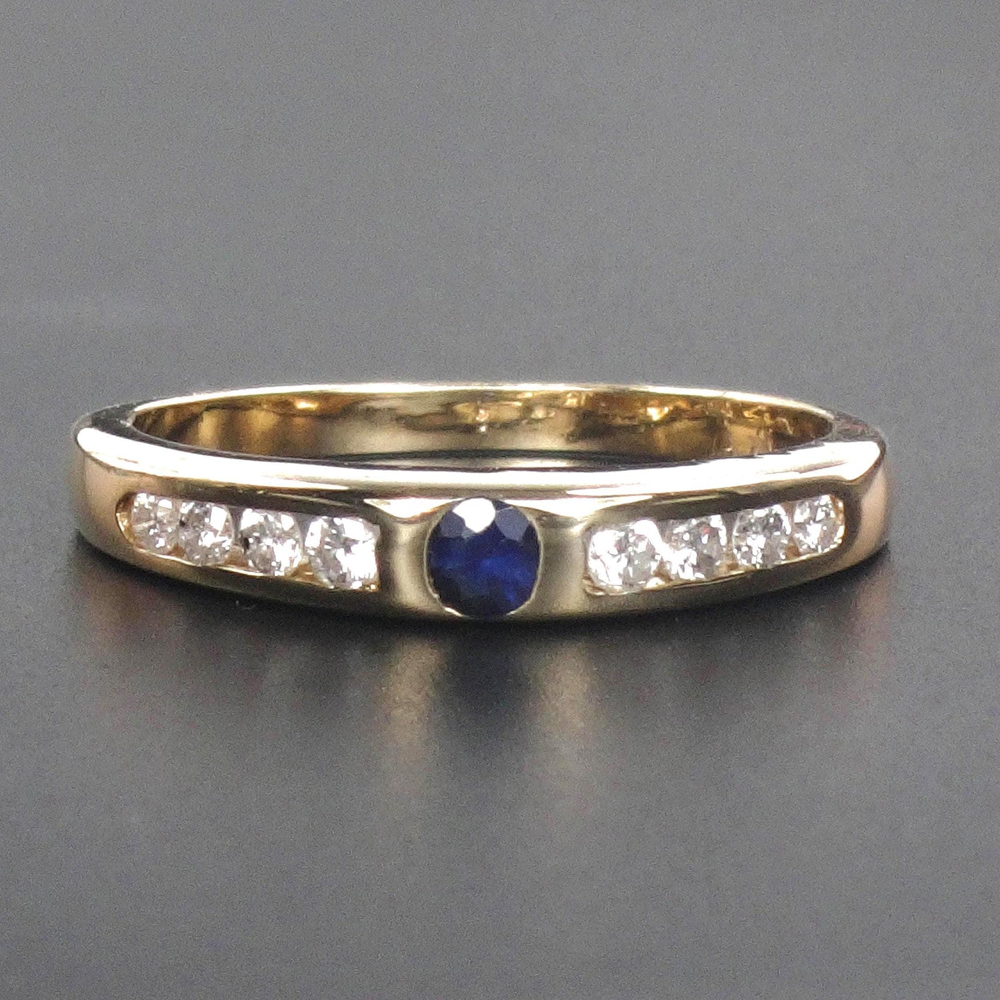 Vintage 14k Yellow Gold Natural Blue Sapphire and Diamond Band - Stacking Ring - Size 6