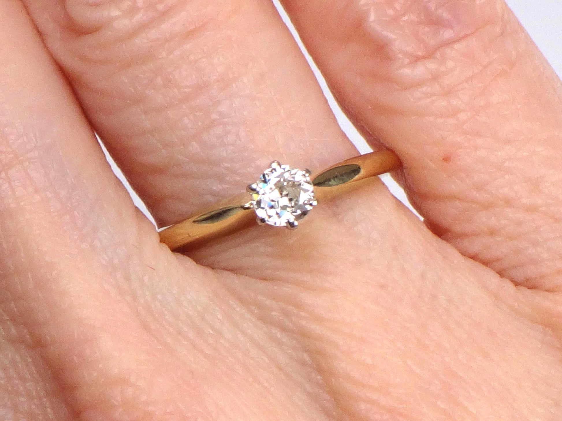 Vintage Round Natural Diamond Engagement Ring - 18k Yellow Gold Solitaire .35 Carats Old European Cut - Size 7 - Circa 1940's