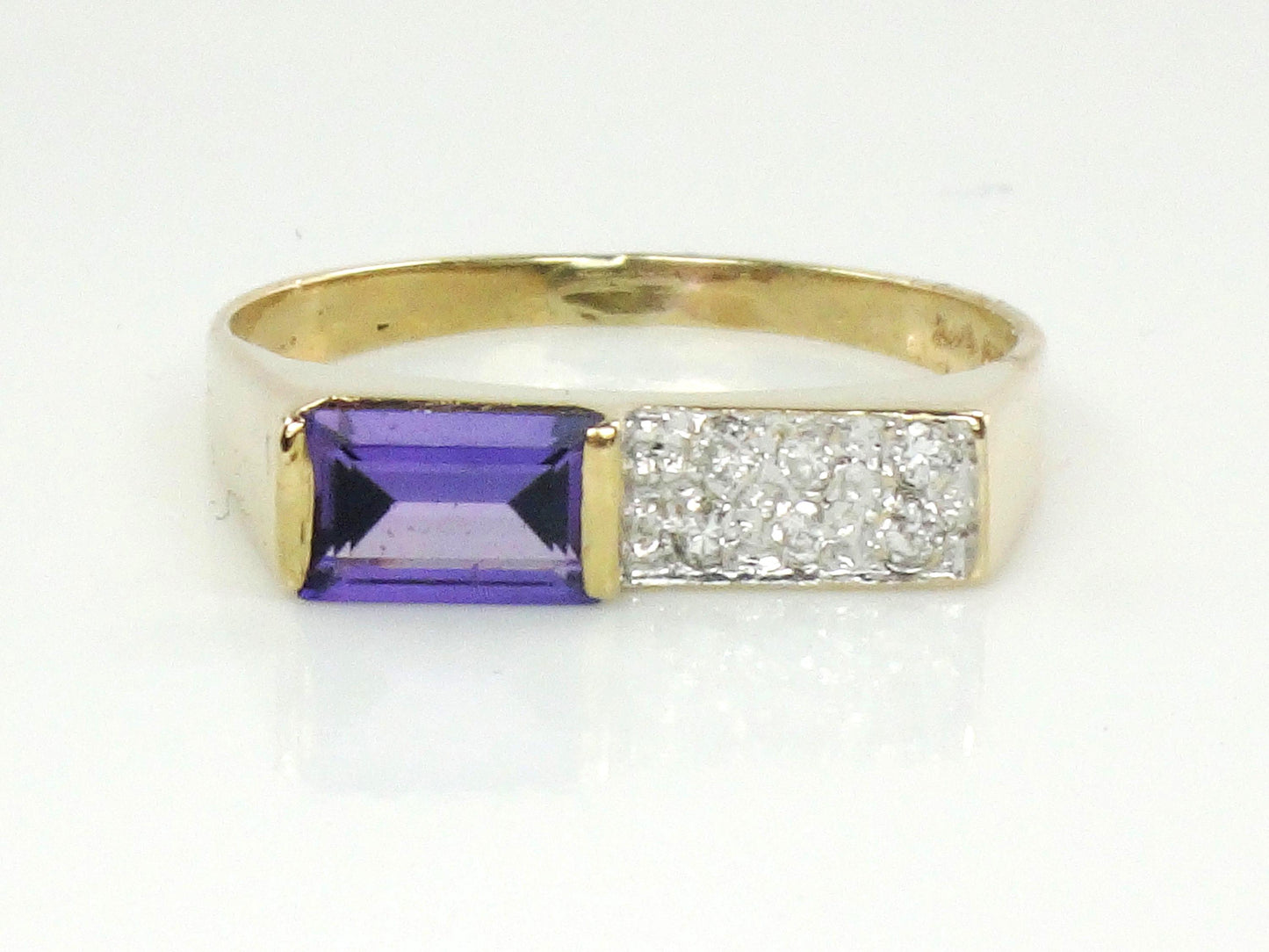Vintage 14k Yellow Gold Rectangle Cut Purple Sapphire and Diamond Ring - Circa 1970's Size 5.25