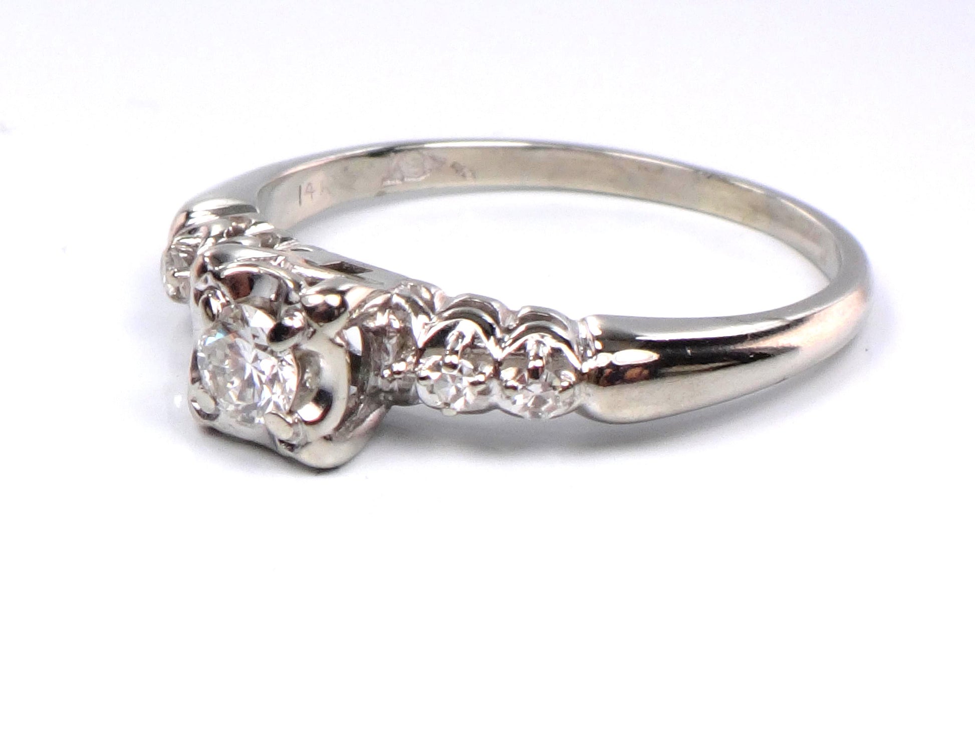 Vintage 14k White Gold Engagement Ring - Natural Round Brilliant Diamond Approximately .25 Carats TDW - Circa 1950's - Size 7.25