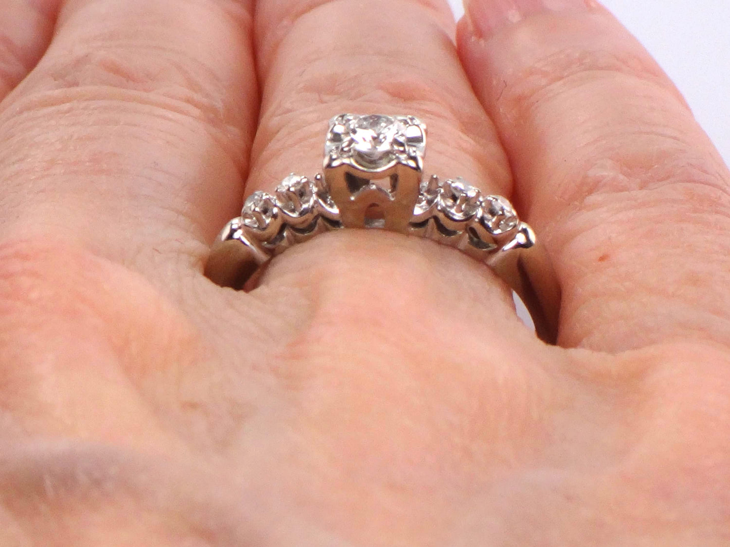 Vintage 14k White Gold Engagement Ring - Natural Round Brilliant Diamond Approximately .25 Carats TDW - Circa 1950's - Size 7.25