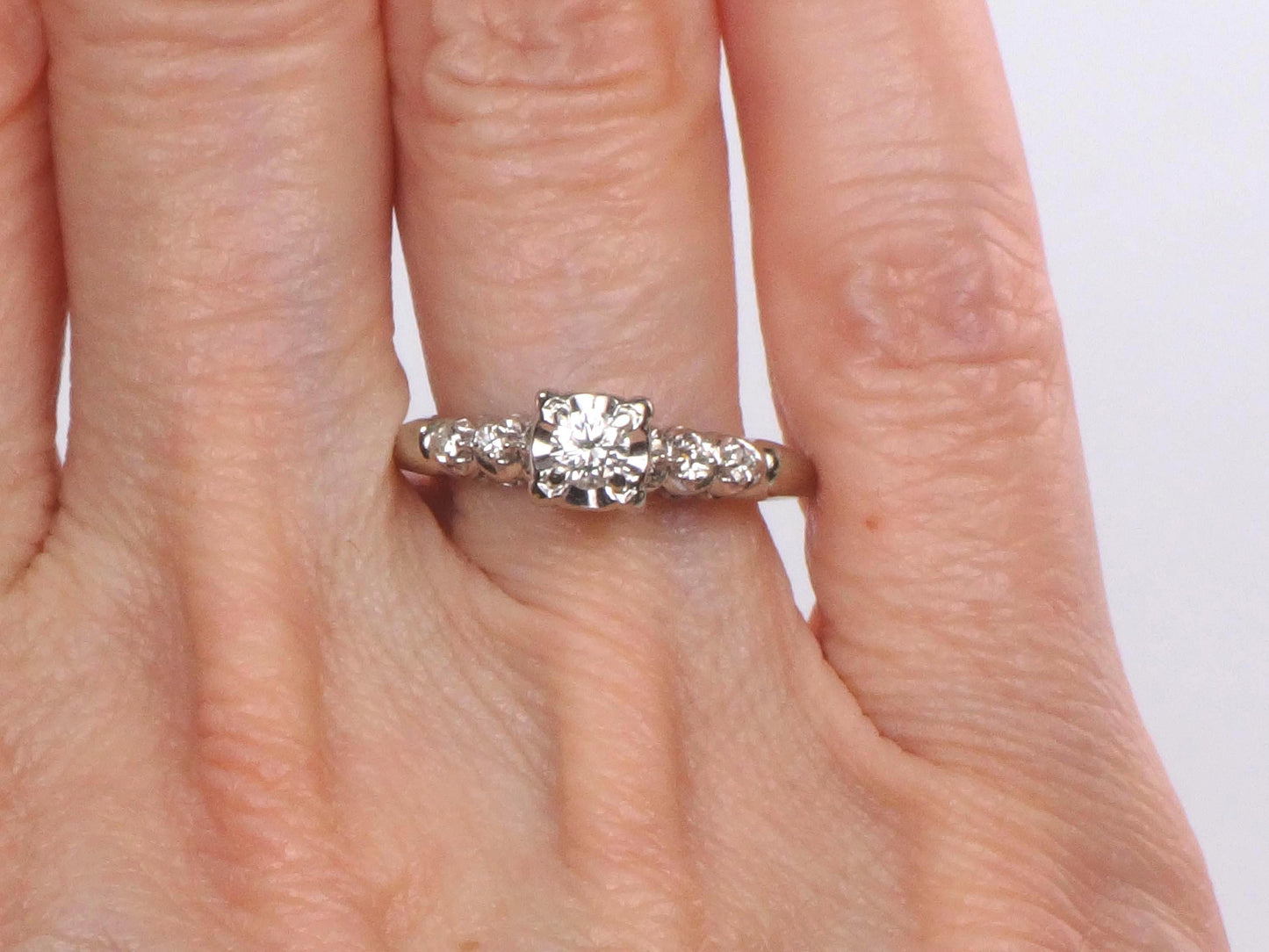 Vintage 14k White Gold Engagement Ring - Natural Round Brilliant Diamond Approximately .25 Carats TDW - Circa 1950's - Size 7.25