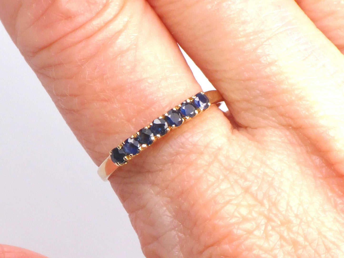 14k Sapphire Wedding Band - Vintage Yellow Gold Genuine Blue Gemstone Ring - Stacking - Size 8.5