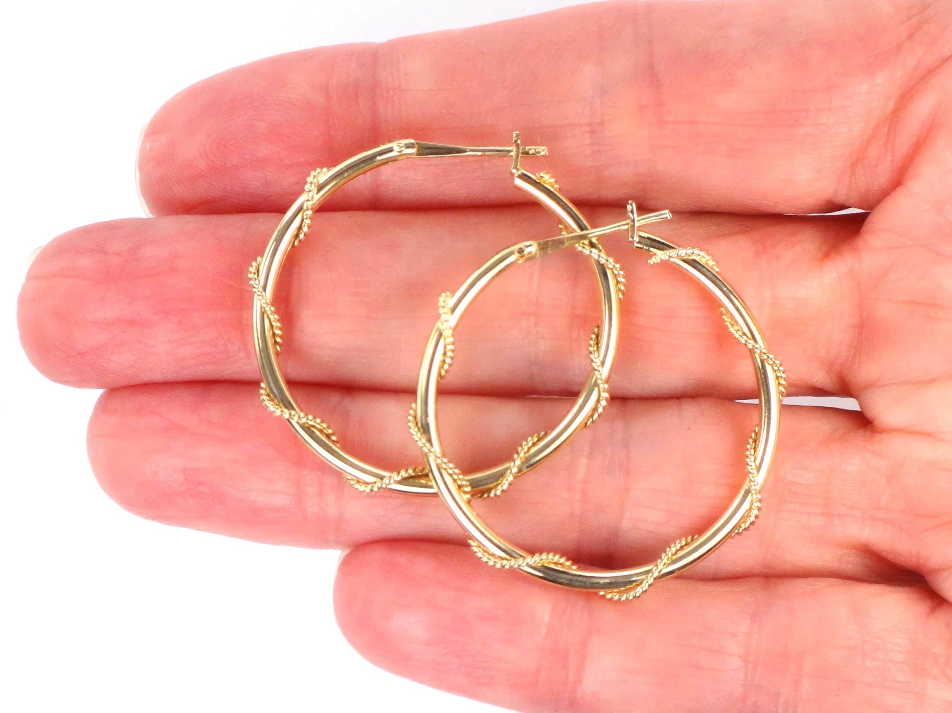 14k Yellow Gold Round Twist Hoop Earrings, Vintage 1 3/16" Hoops