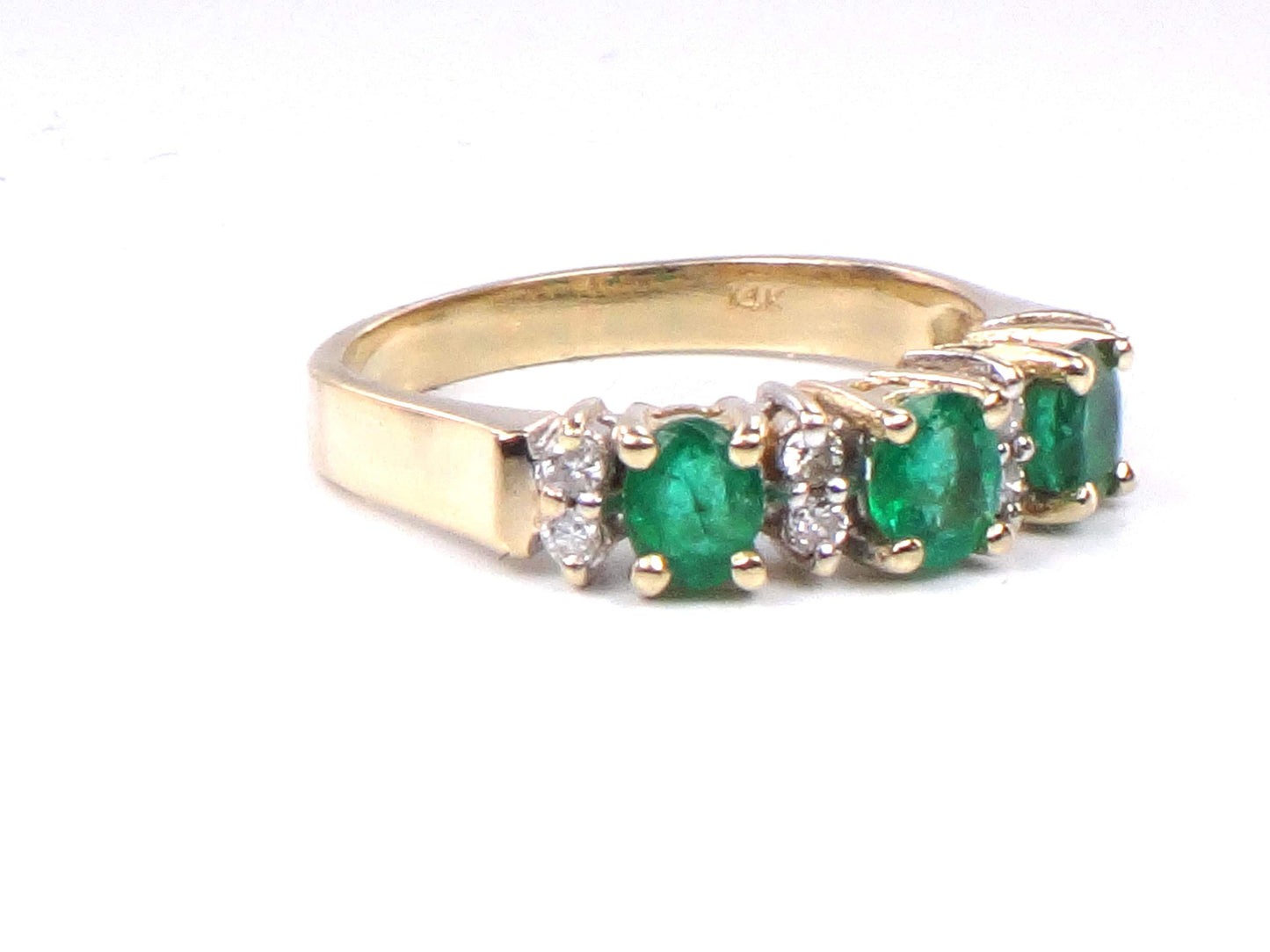 14k Genuine Emerald and Diamond Ring - Vintage Yellow Gold Three Stone Band - Size 5.25 - May Birthstone