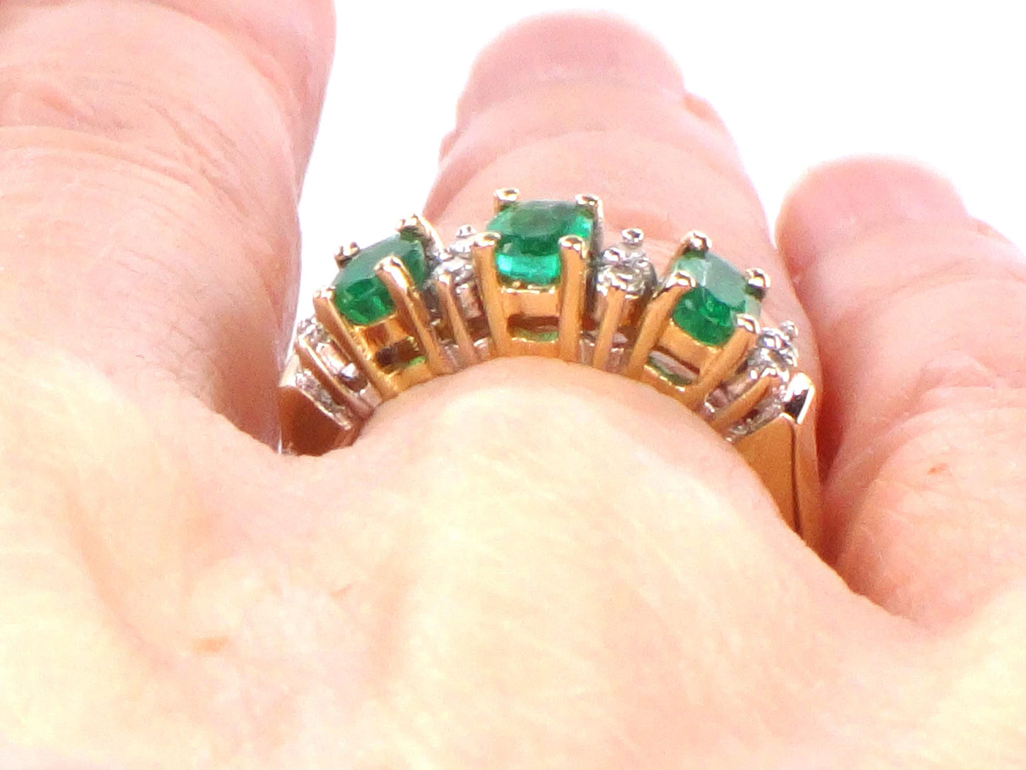 14k Genuine Emerald and Diamond Ring - Vintage Yellow Gold Three Stone Band - Size 5.25 - May Birthstone
