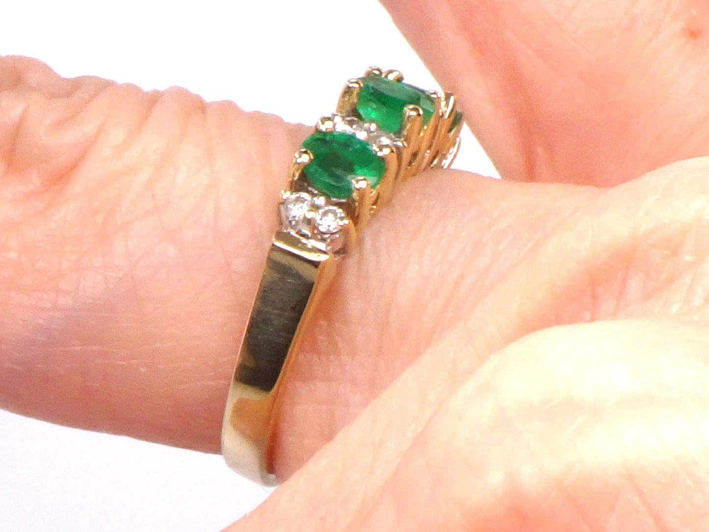 14k Genuine Emerald and Diamond Ring - Vintage Yellow Gold Three Stone Band - Size 5.25 - May Birthstone