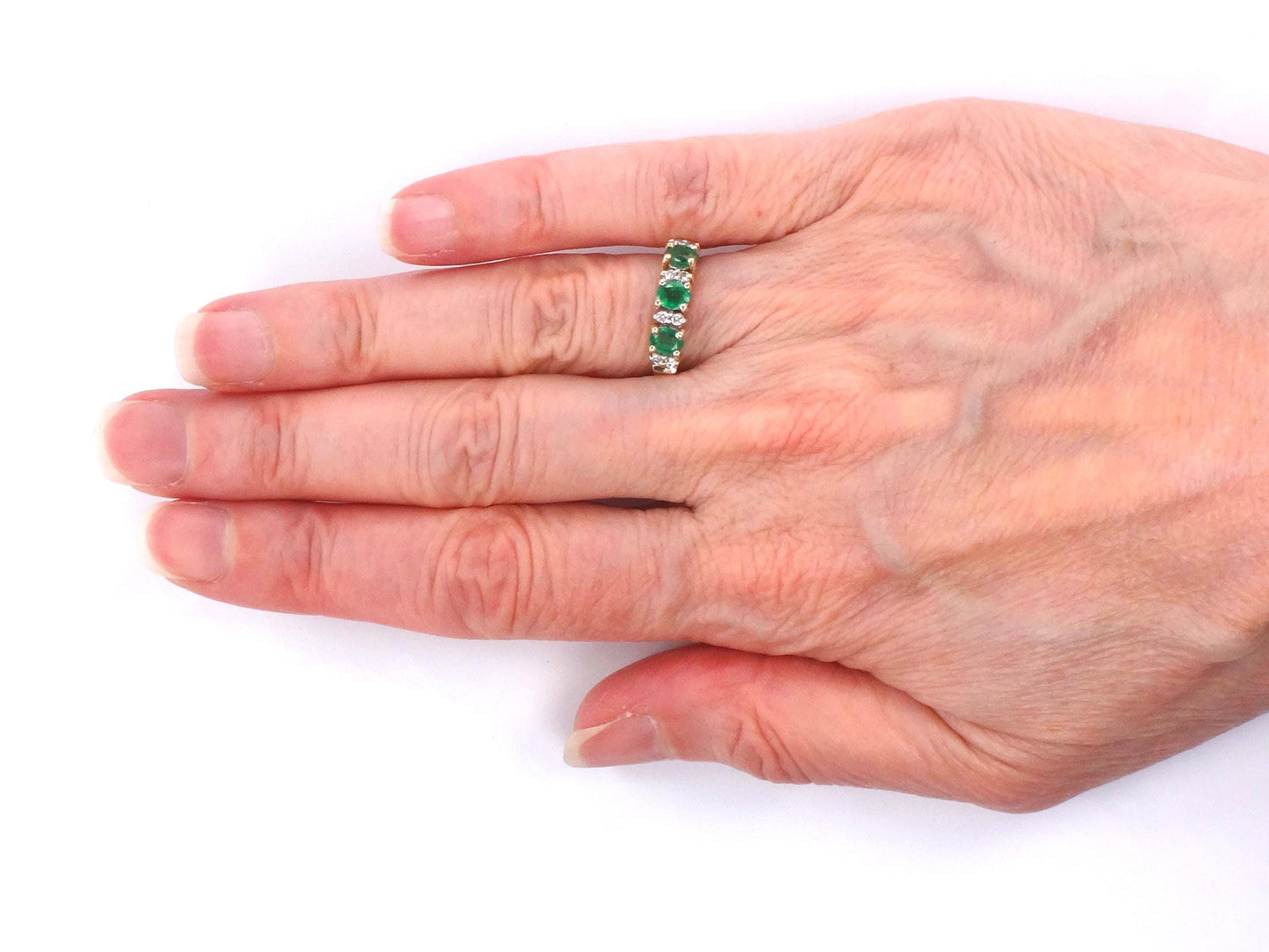 14k Genuine Emerald and Diamond Ring - Vintage Yellow Gold Three Stone Band - Size 5.25 - May Birthstone