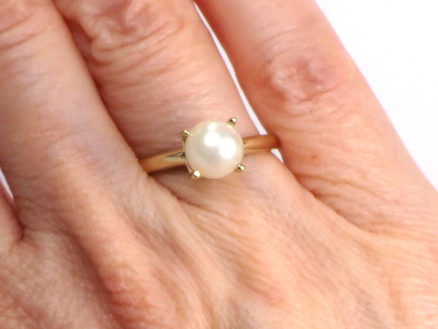 14k Pearl Ring - Vintage Yellow Gold 8 MM White Cultured Pearl Ring - June Birthstone - Size 5.75 - Circa 1960's