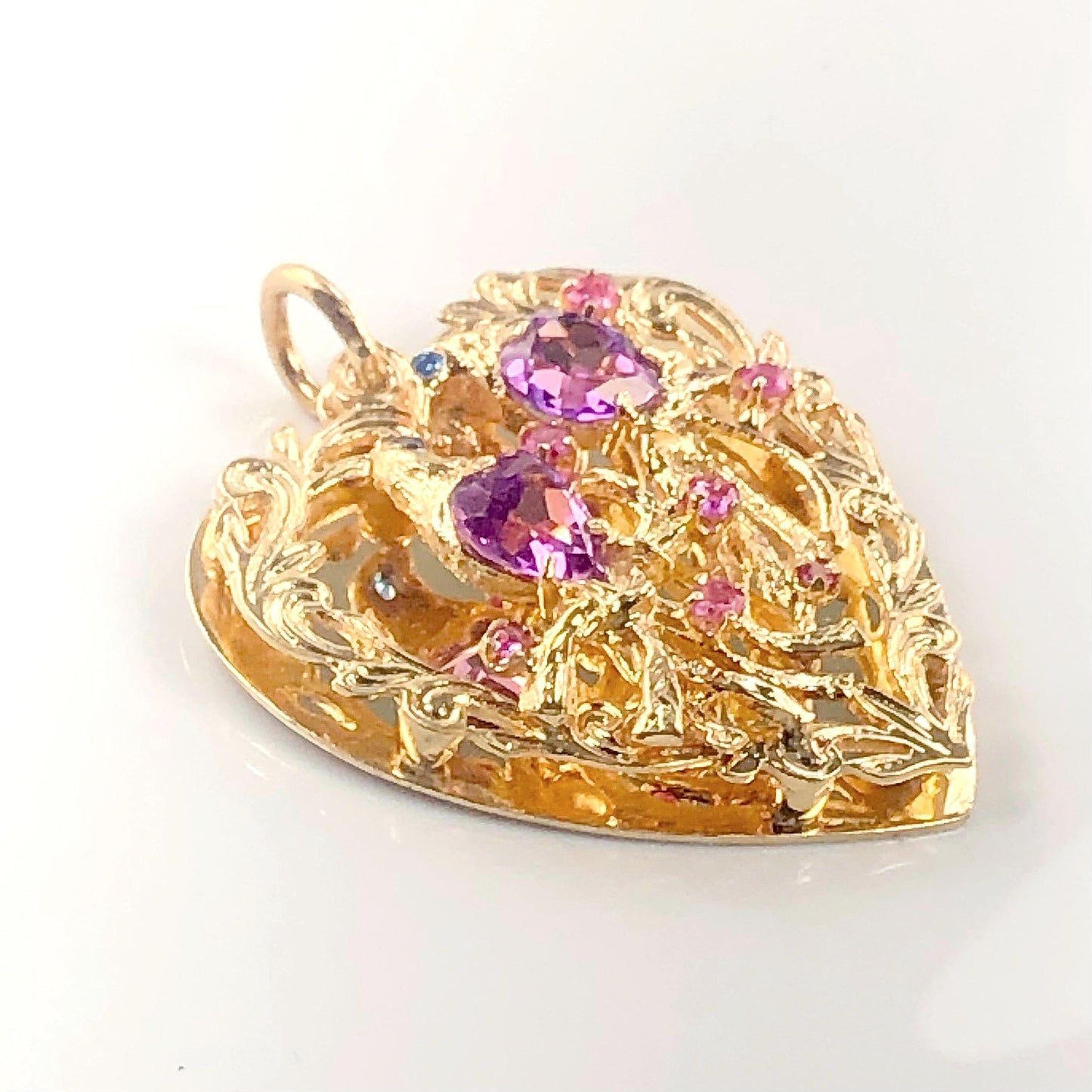 Vintage Large 14k Gold Jeweled Love Birds Heart Pendant with Purple Sapphires and Rubies, 3-D Charm