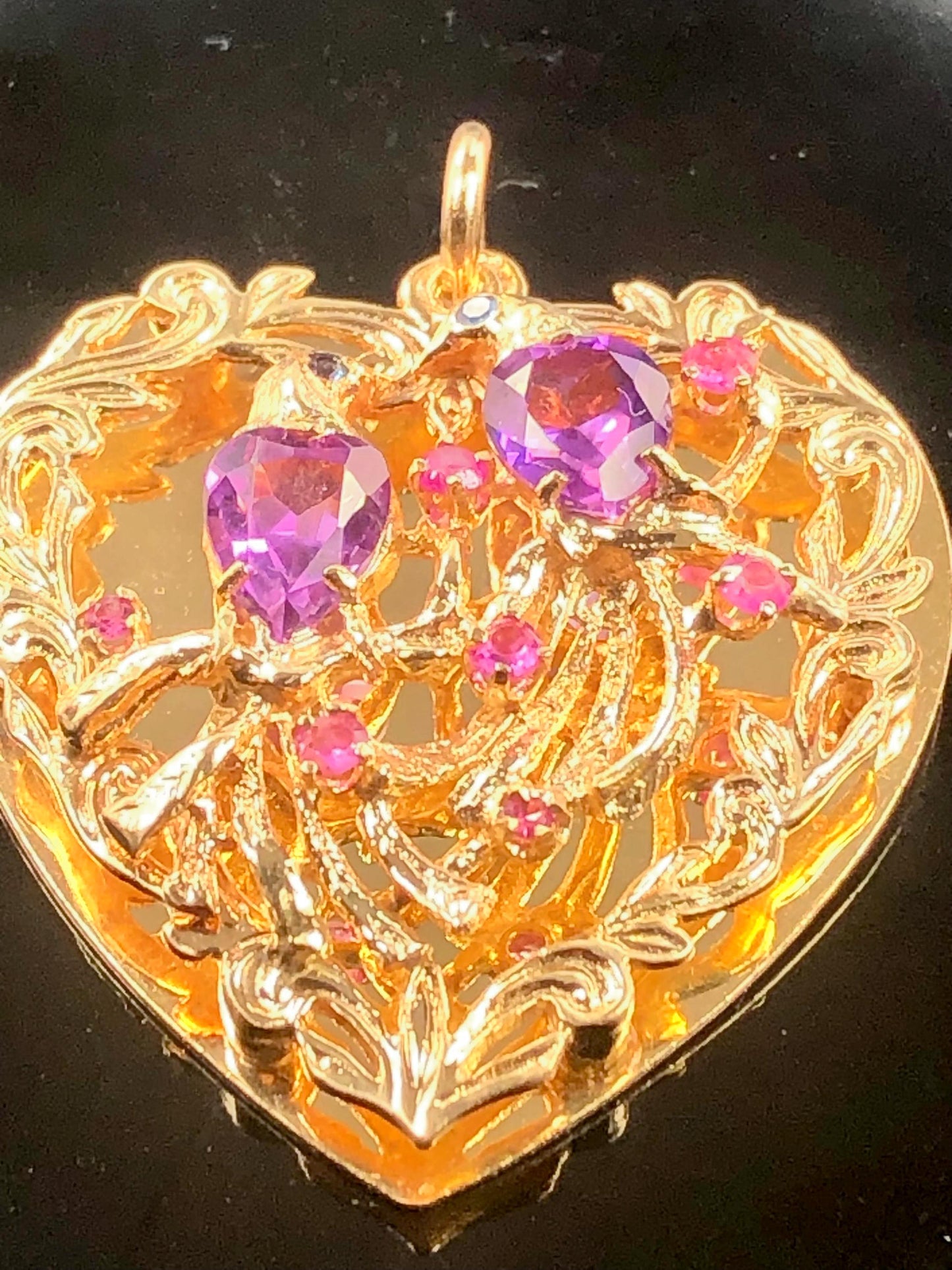 Vintage Large 14k Gold Jeweled Love Birds Heart Pendant with Purple Sapphires and Rubies, 3-D Charm