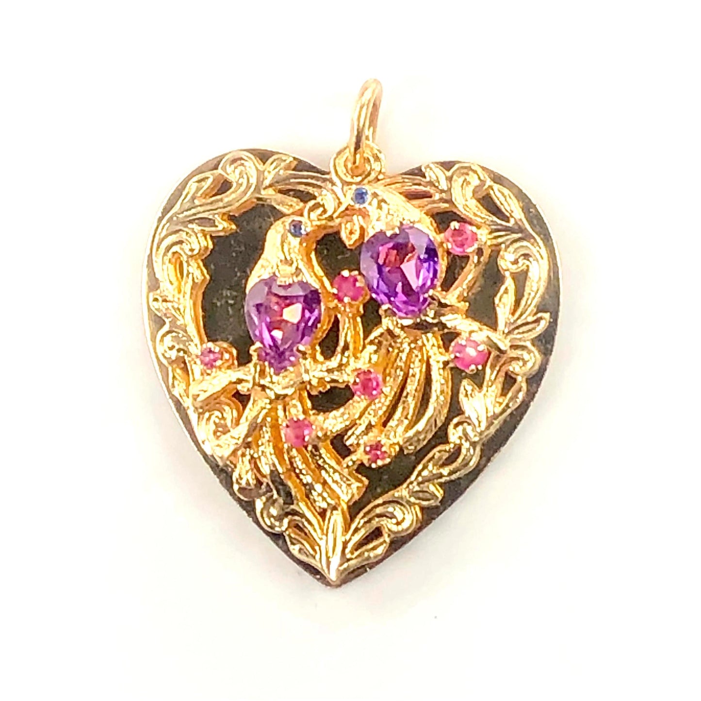 Vintage Large 14k Gold Jeweled Love Birds Heart Pendant with Purple Sapphires and Rubies, 3-D Charm