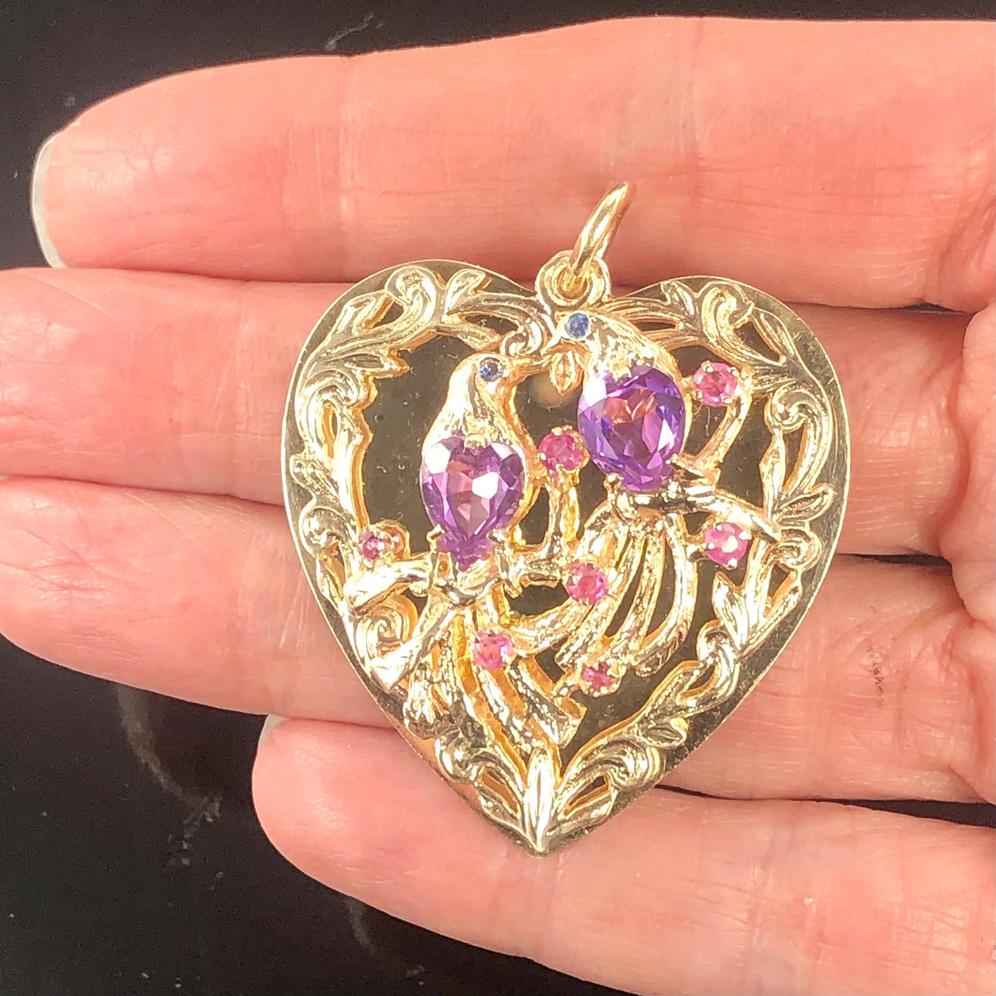 Vintage Large 14k Gold Jeweled Love Birds Heart Pendant with Purple Sapphires and Rubies, 3-D Charm