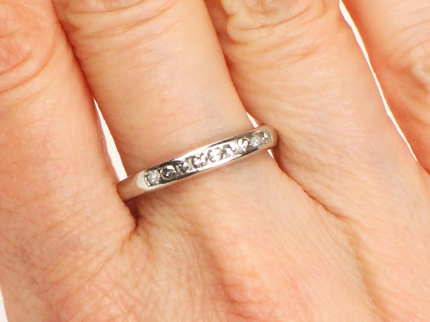 Vintage Platinum Diamond Wedding Band - Diamond Stacking Ring - Size 7.75 - Circa 1940's
