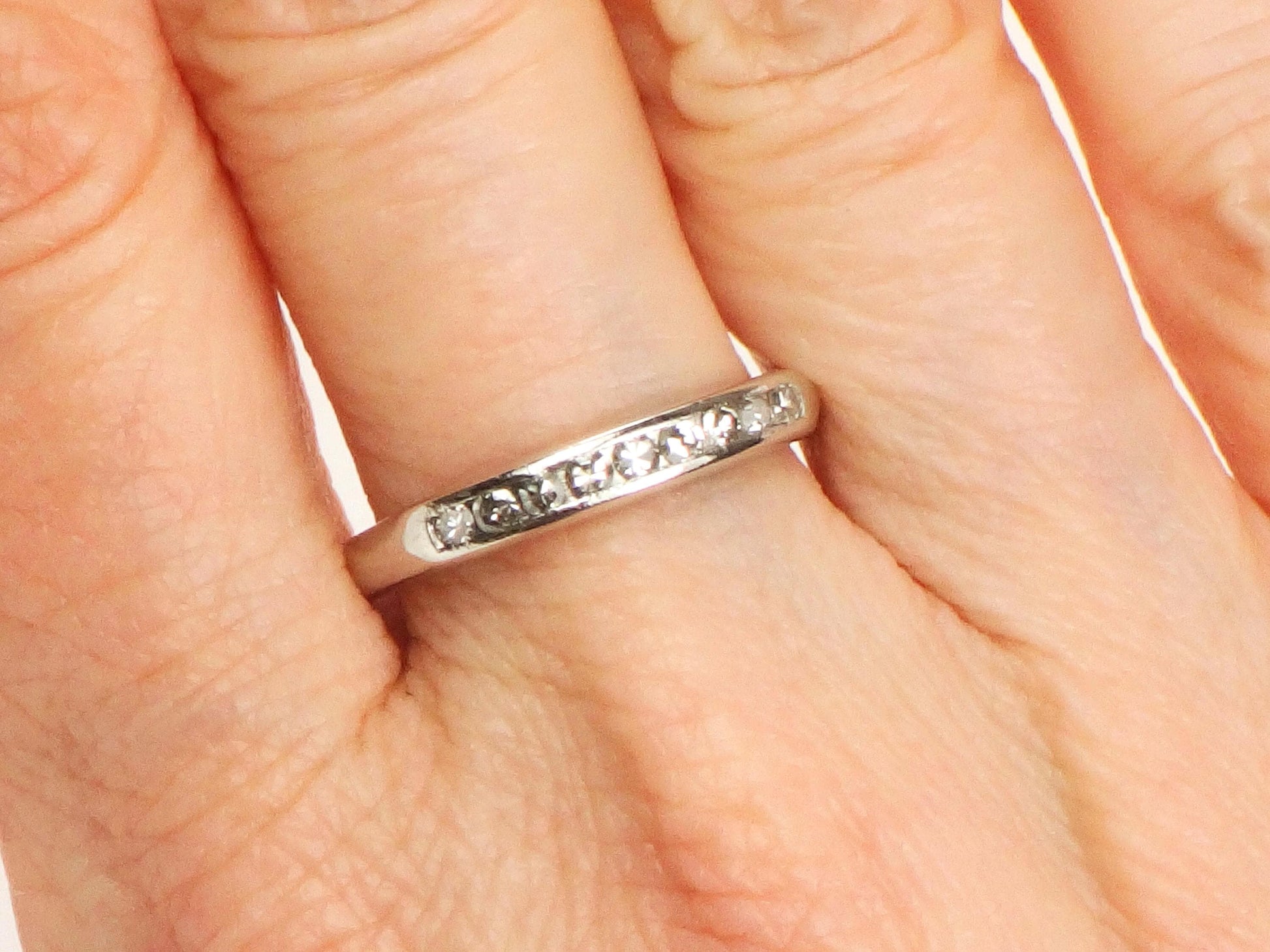 Vintage Platinum Diamond Wedding Band - Diamond Stacking Ring - Size 7.75 - Circa 1940's
